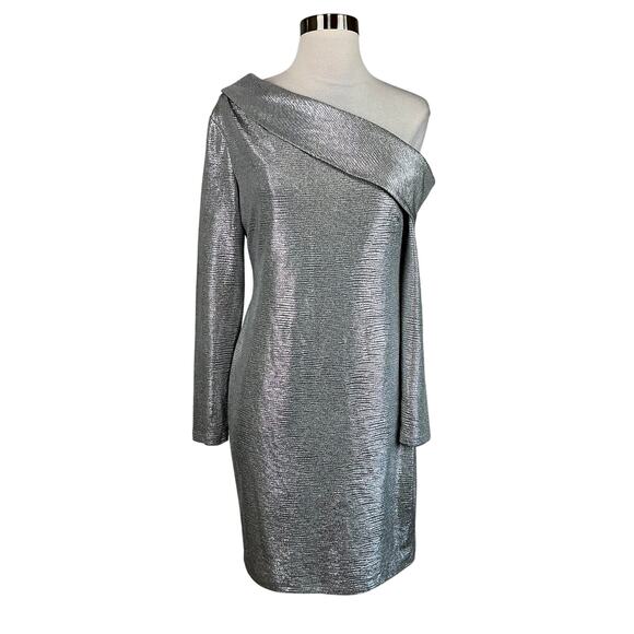 Ralph Lauren Women's Cocktail Dress Size 8 Silver Off the Shoulder Sheath - Picture 1 of 12